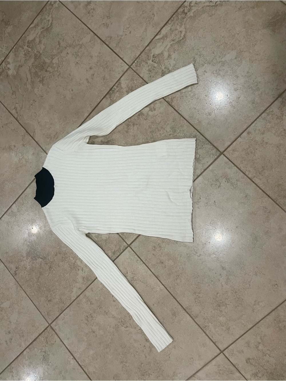 Girls' Cream Ribbed Long-Sleeve Sweater with Contrast Black Neck